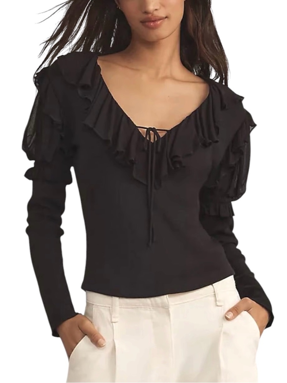 Anthropologie Long Sleeve Ruffle Whimsigoth Top Size Small Stretch Dark Fairy